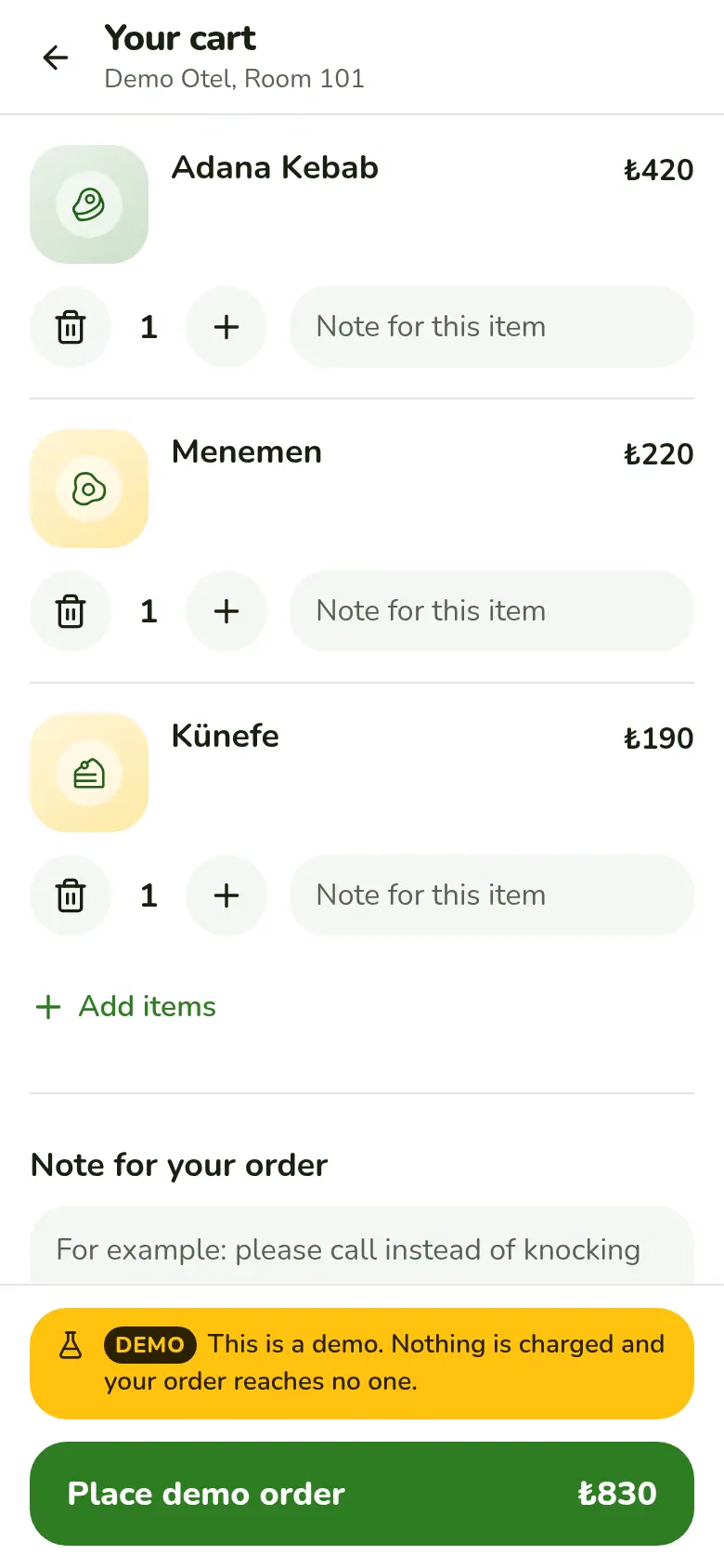The cart: the room, a field for an order note and the total.