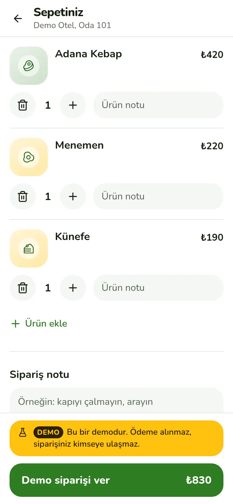 Sepet: oda, sipariş notu ve toplamlar