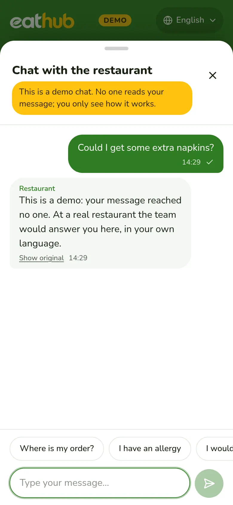 Live chat on a guest's phone: translated messages