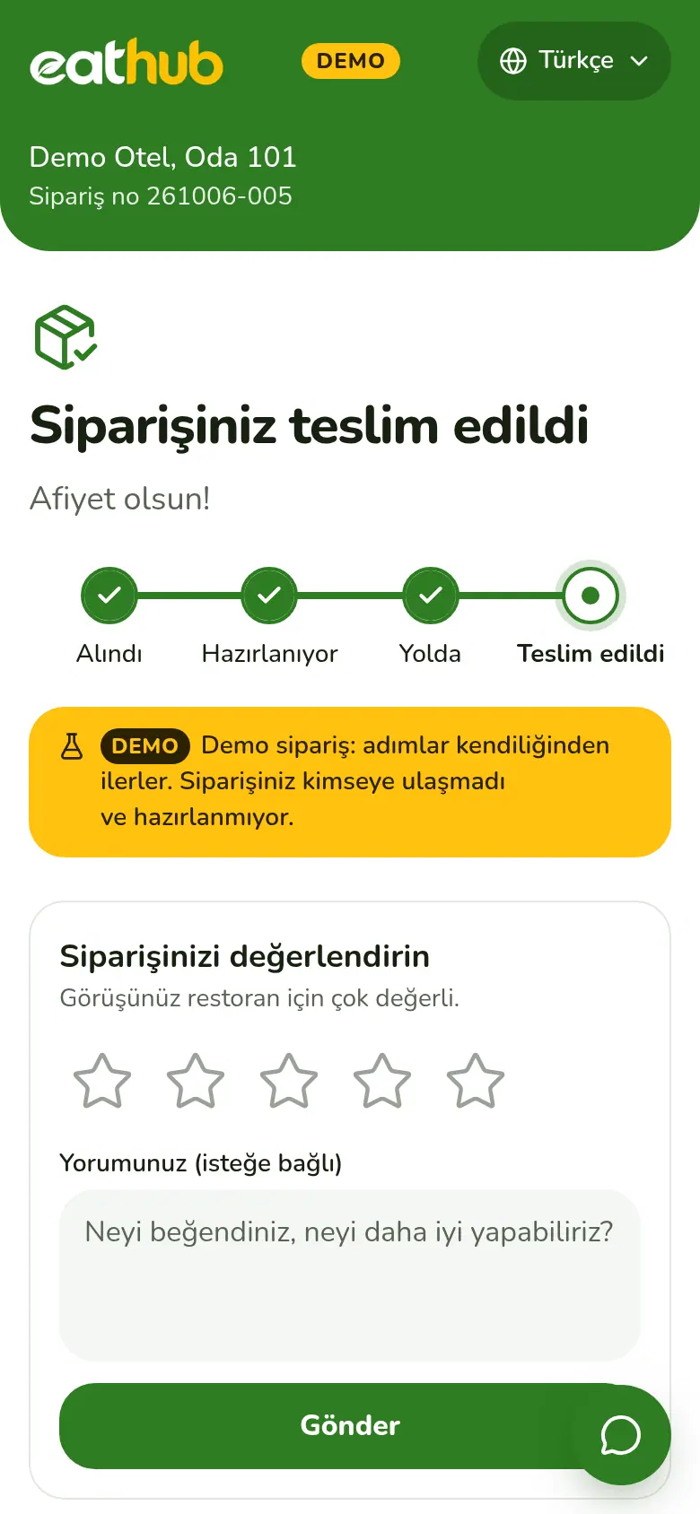 Teslim edildi ekranı ve puan verme alanı