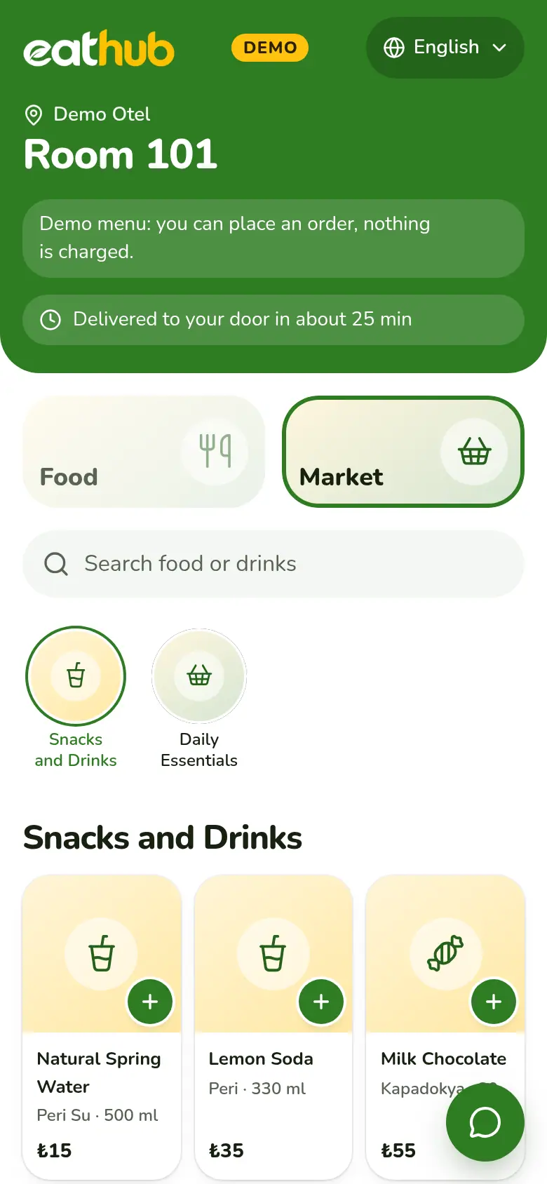 The Market section on a guest’s phone: products in a grid of cards, with stock badges.