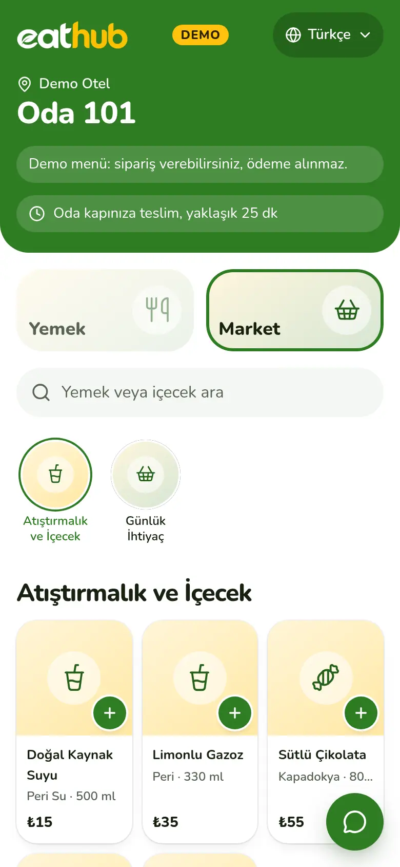 Misafirin telefonunda Market bölümü: ürünler ızgara kartlarda, stok rozetleriyle.