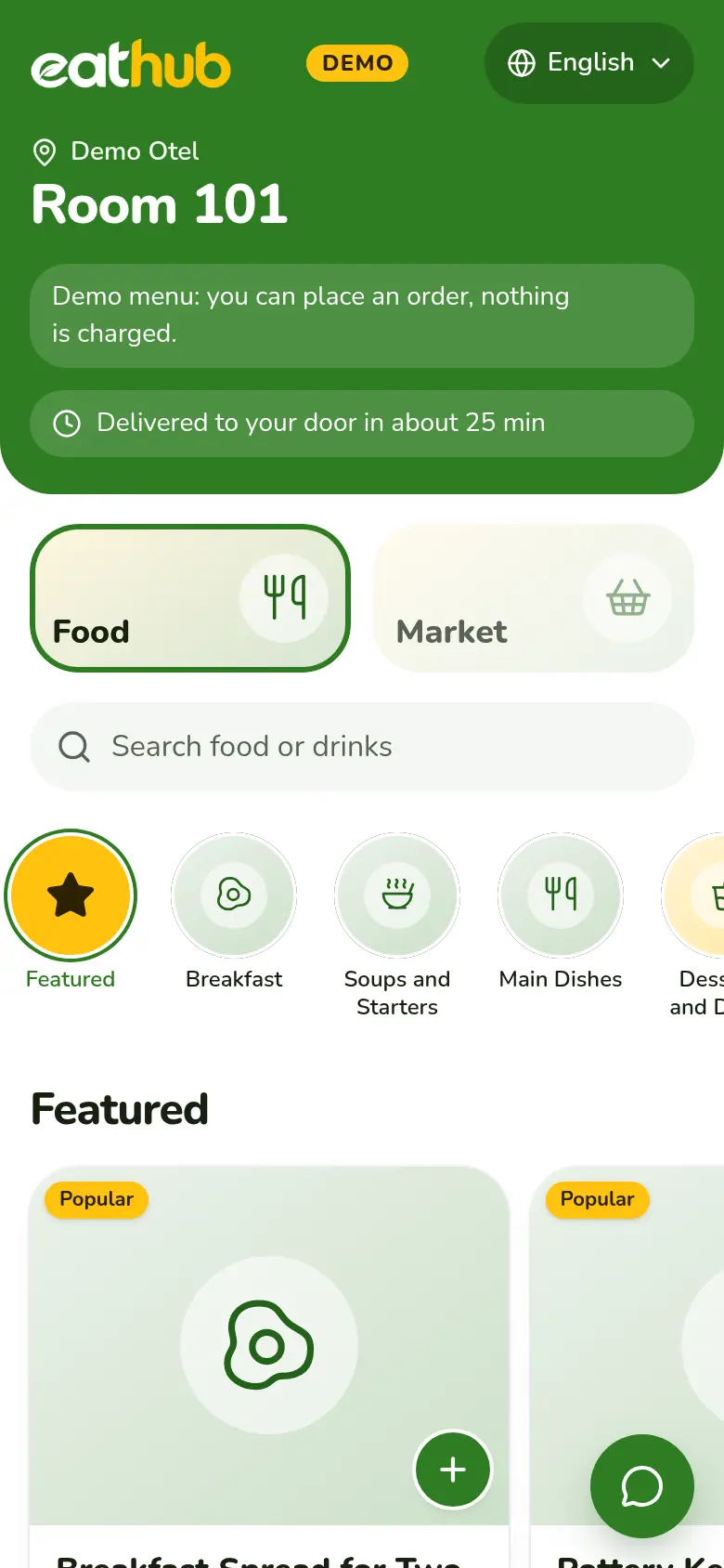 The menu home screen on a phone: a banner, featured items and a row of categories