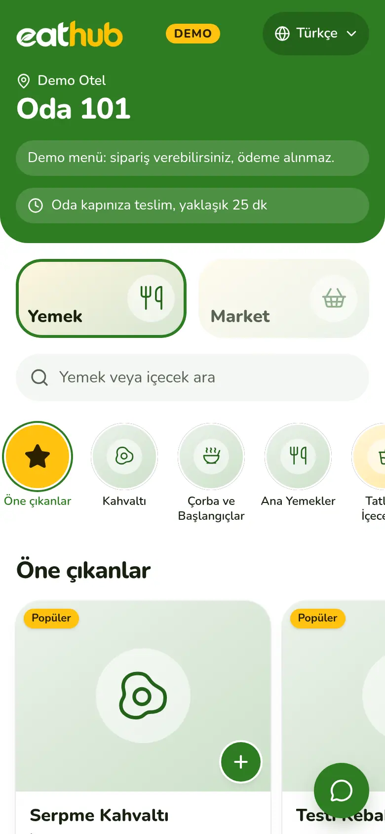 Telefonda menü ana ekranı: üstte afiş, öne çıkan ürünler ve kategori sırası