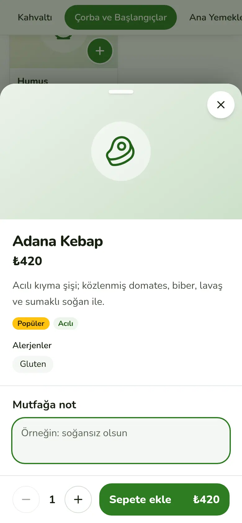Ürün penceresi: fotoğraf, açıklama, alerjenler ve sepete ekle düğmesi.