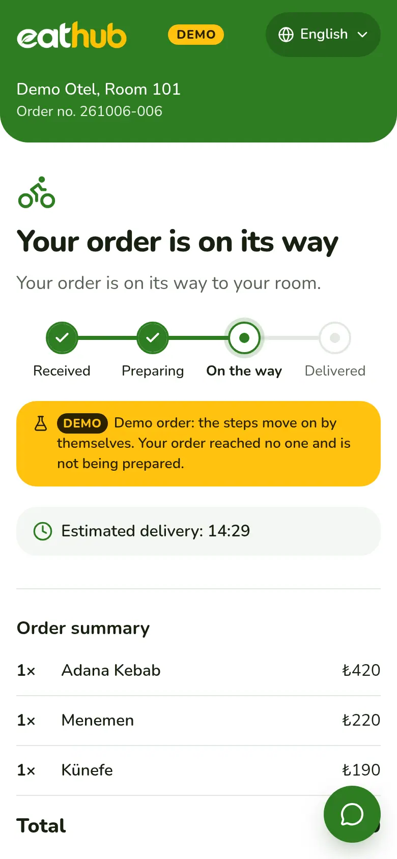 The order tracking screen: the preparing and on the way steps
