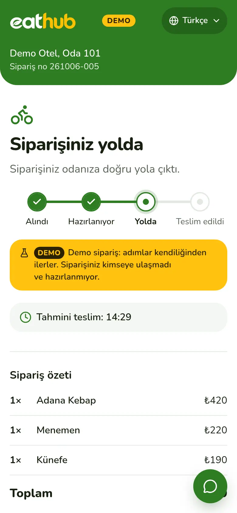 Sipariş takip ekranı: hazırlanıyor ve yolda adımları