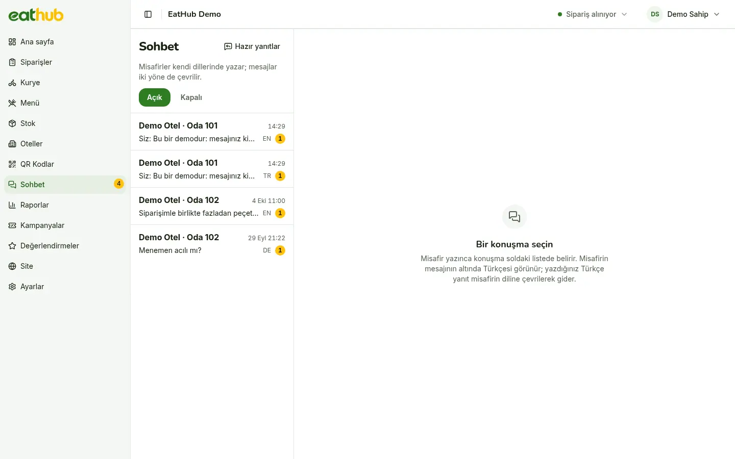 The chat inbox in the panel: the list of conversations and translated messages