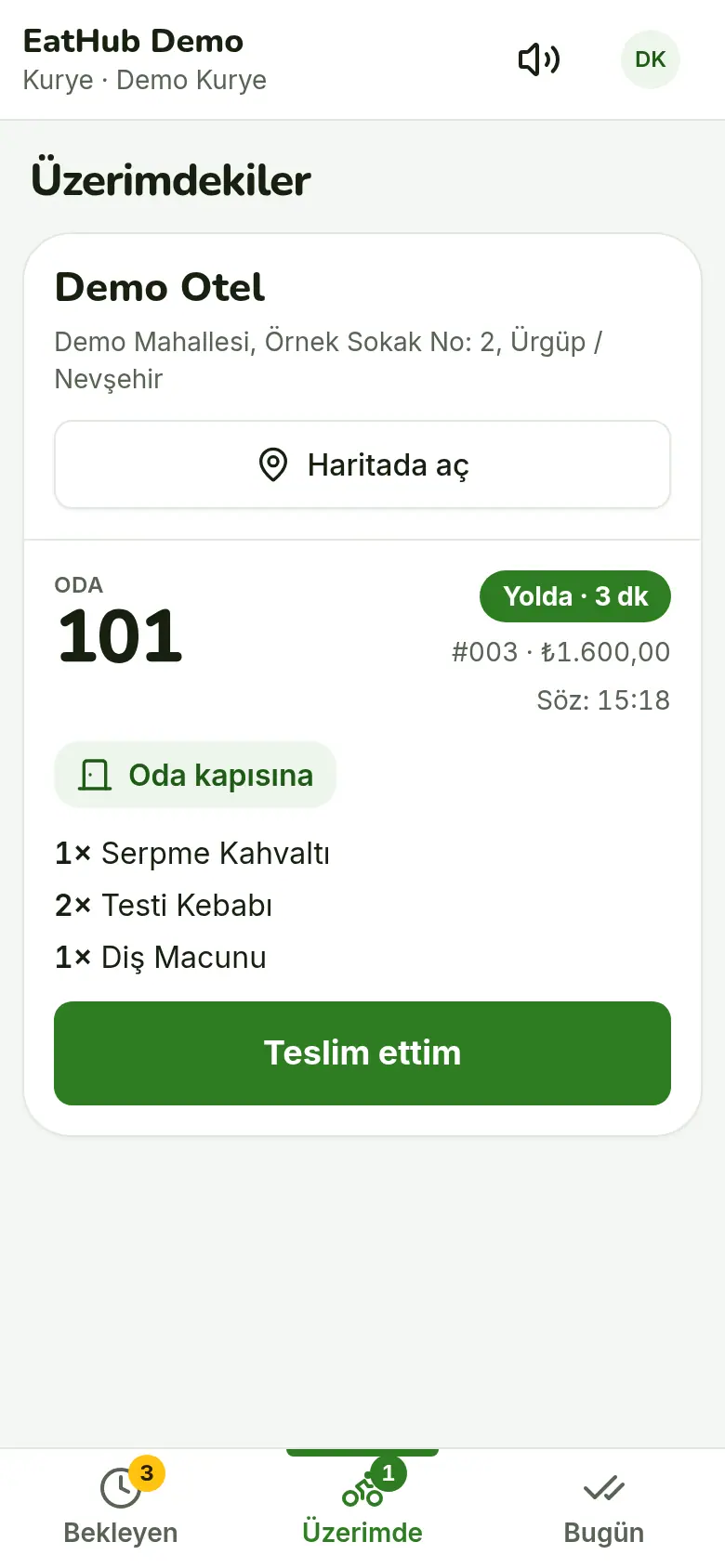 The courier screen on a phone, listing ready orders that can be taken.