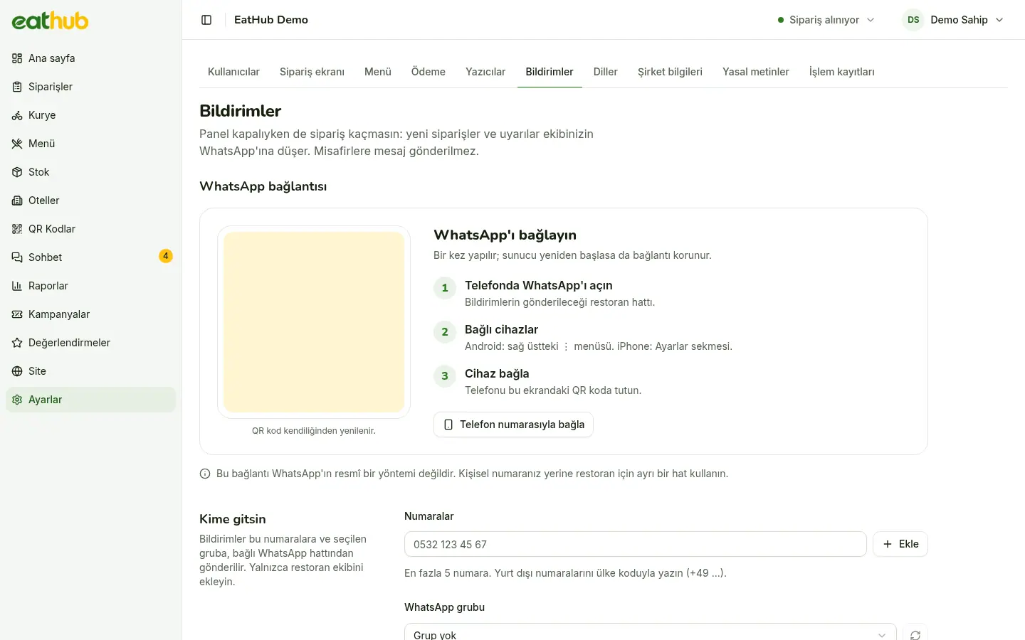 Bildirim ayarları: WhatsApp bağlantısı, alıcılar ve yedek Telegram.