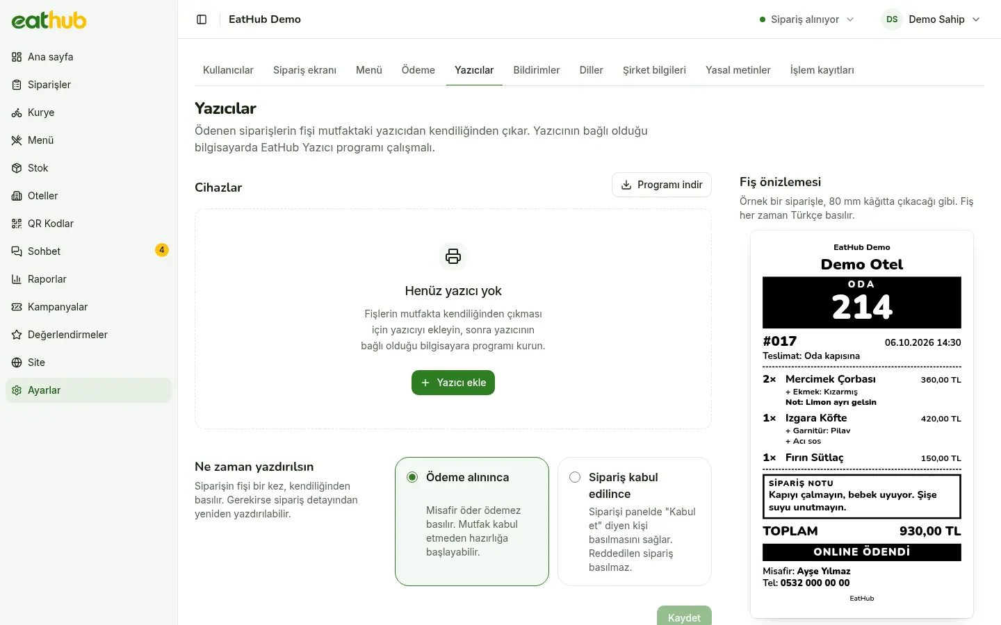 Yazıcı ayarları: restoranın fiş yazıcısı programı ve bağlantı durumu.