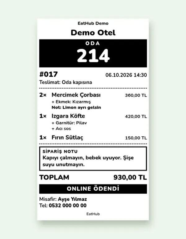 Termal yazıcıdan çıkan mutfak fişi, Türkçe: siparişin ürünleri ve notu.